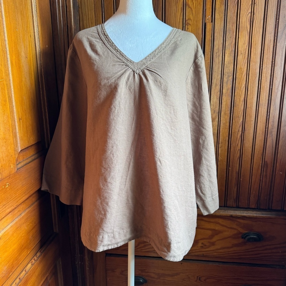 Hot Cotton Peasant Top Size 2X Tan Linen/Cotton Blend